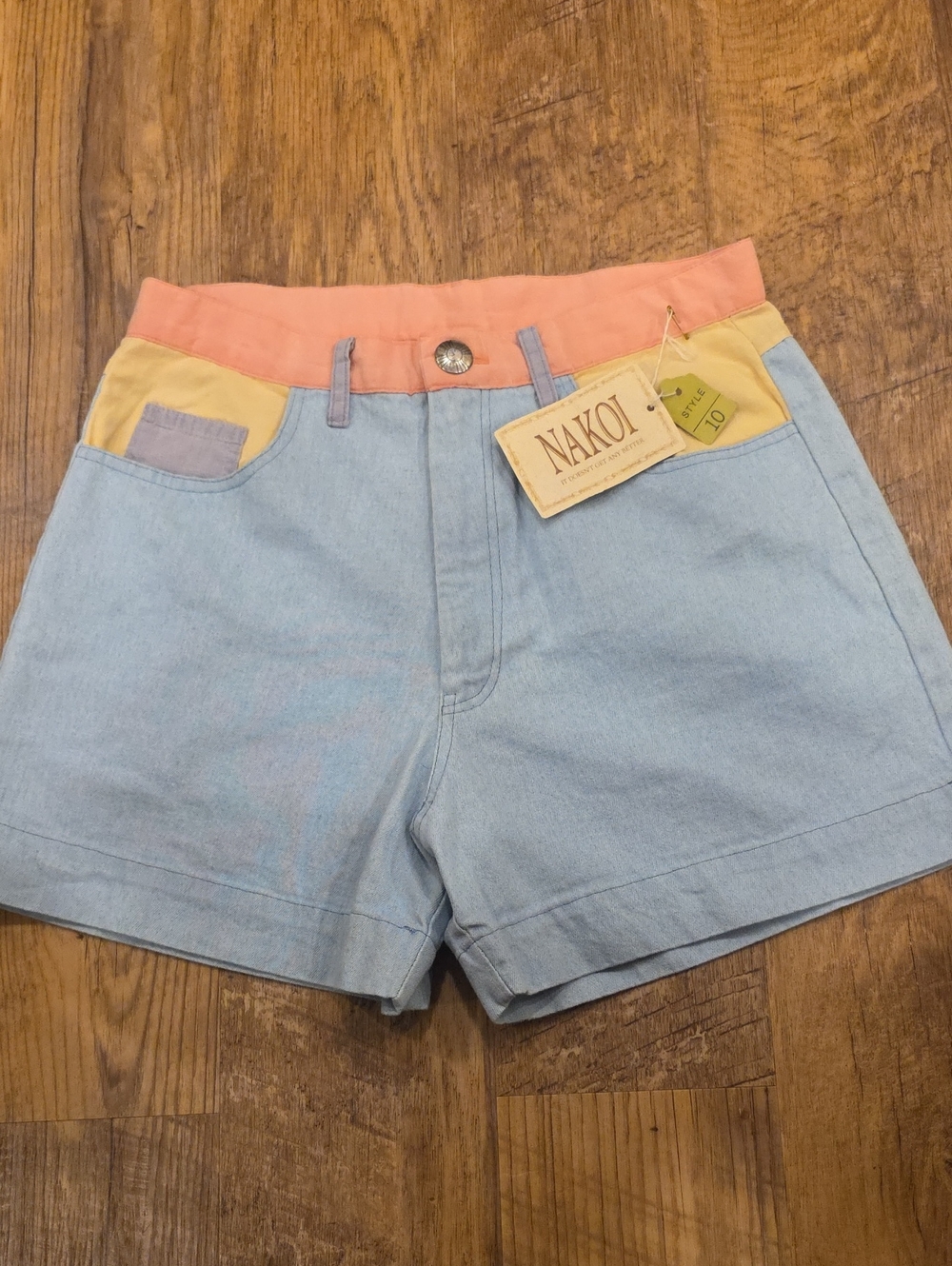 Nakoi Light Blue Denim Colorblock Highwaisted Shorts with Pink Waistband Vintage